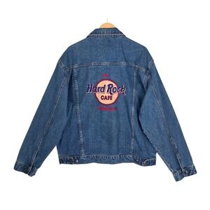 Vtg Hard Rock Cafe Honolulu Denim Trucker Jacket Mens XL Blue Embroidered Logo